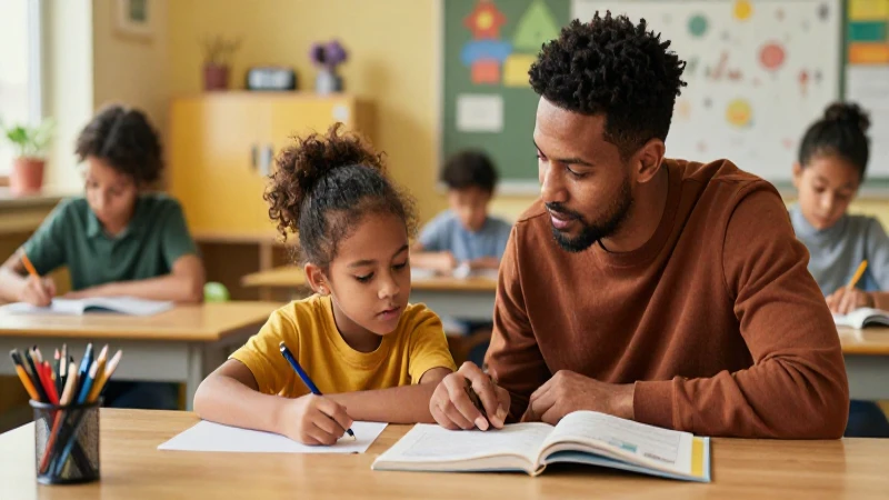 Involucra a los padres: colaboraci贸n clave en la educaci贸n inclusiva 4 Diversos padres e hijos aprendiendo en aula moderna