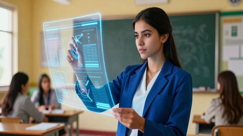 Académico analizando reporte holográfico en clase