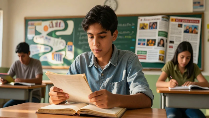Estudiante reflexivo lee viejo diario mexicano
