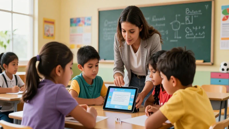 Clase mexicana moderna, alumnos interactúan con tablet