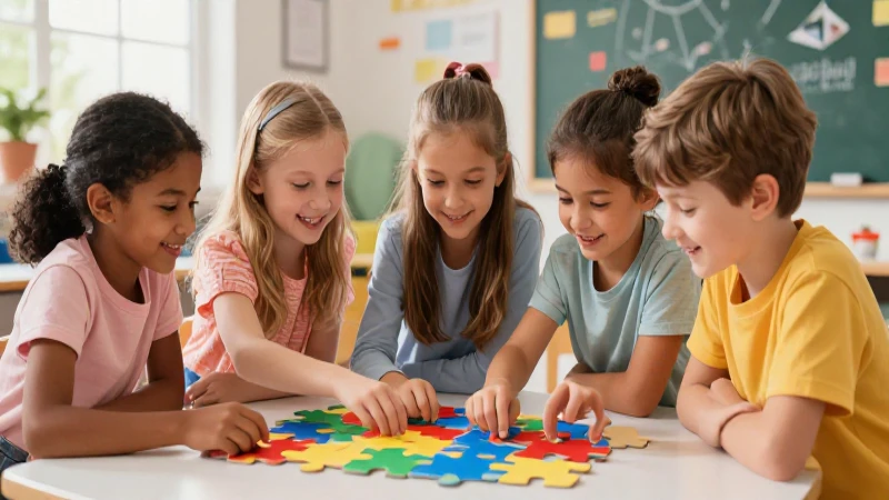 Niños colaboran en un puzzle educativo vibrante