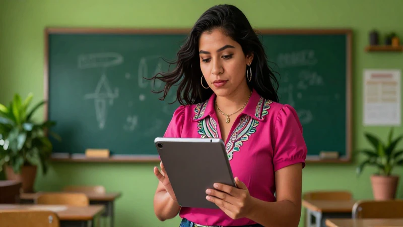 Maestra mexicana vibrante en un aula moderna
