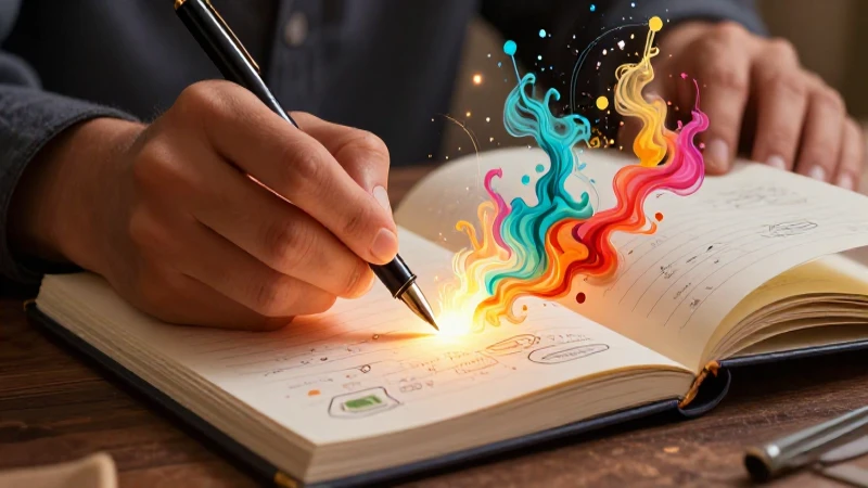 Mano creativa escribe historia con pluma y luz