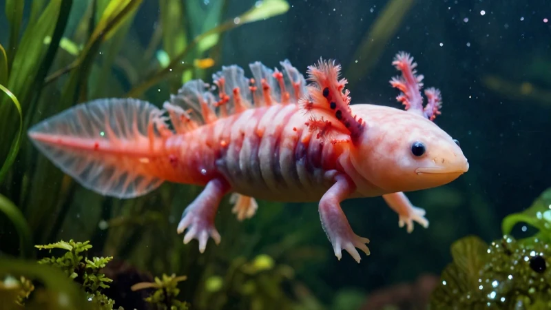 Cómo nacen los ajolotes: el Impresionante ciclo de vida 3 Axolotl nadando entre plantas marinas realistas