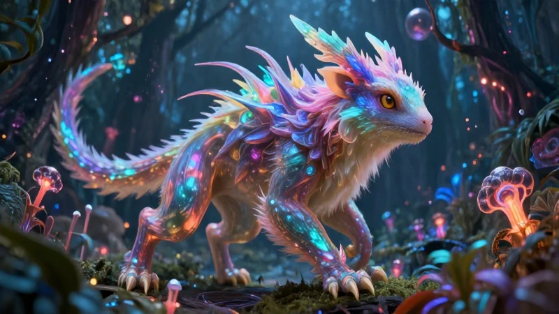 Criatura futurista evolucionando en bosque cósmico