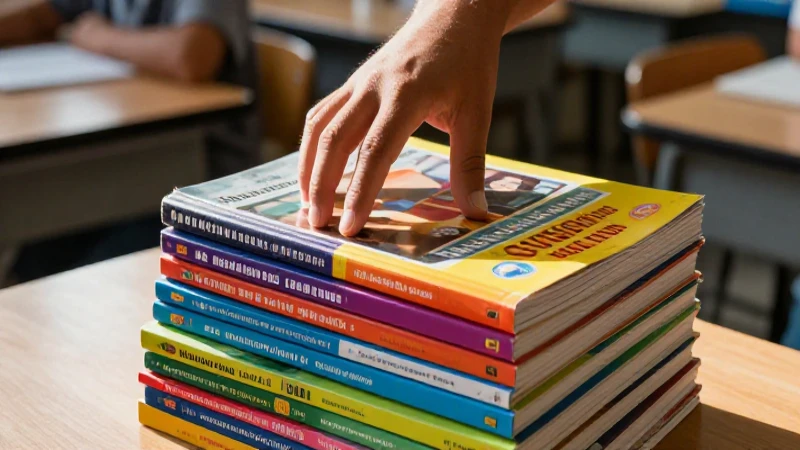 Manos tocan libros educativos vibrantes en aula