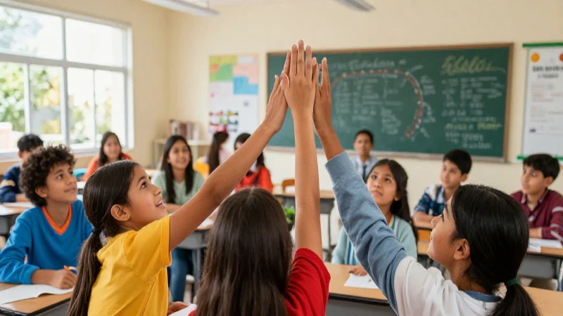 Estudiantes mexicanos colaboran en clase bajo una luz vibrante