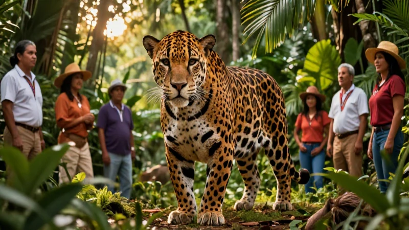Jaguar y comunidad en la selva con luz dorada
