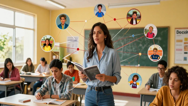 Educadora mexicana vibrante crea red abstracta innovadora