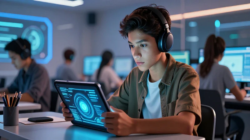 Joven mexicano estudia en aula digital futurista