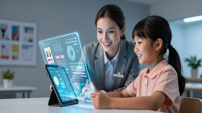Educador guía a estudiante con tecnología holográfica