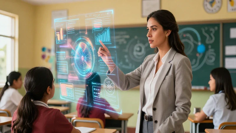 Profesora mira datos holográficos en aula moderna