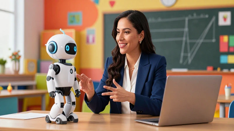 Maestra mexicana interactúa con robot en aula moderna