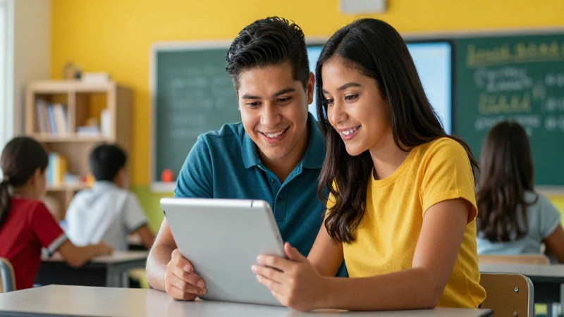 Padre mexicano usa tablet en moderno aula