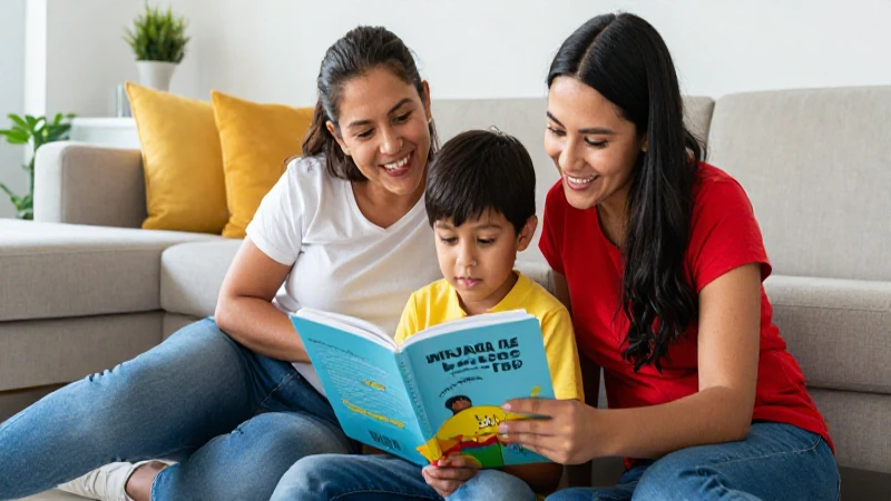 Familia mexicana leyendo juntos con libros educativos