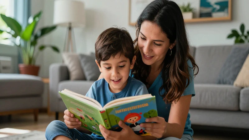 Niño y padre leyendo en hogar moderno