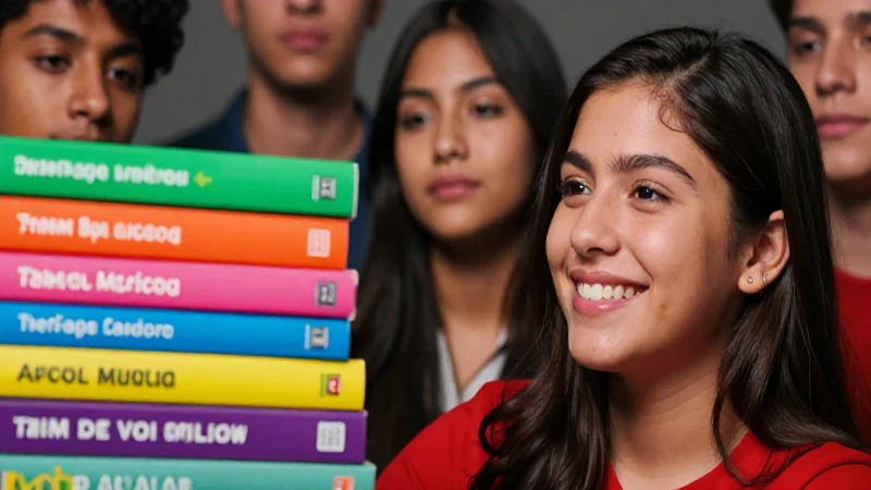 Estudiante mexicano feliz con libros modernos y vibrantes