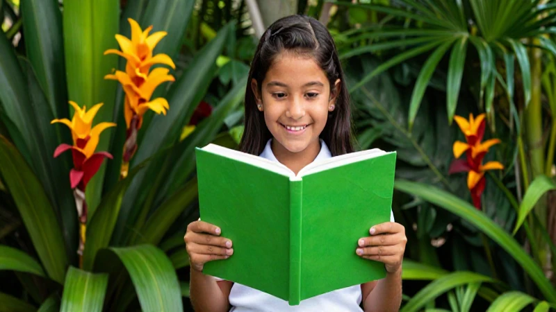 Niña feliz con libro en selva tropical