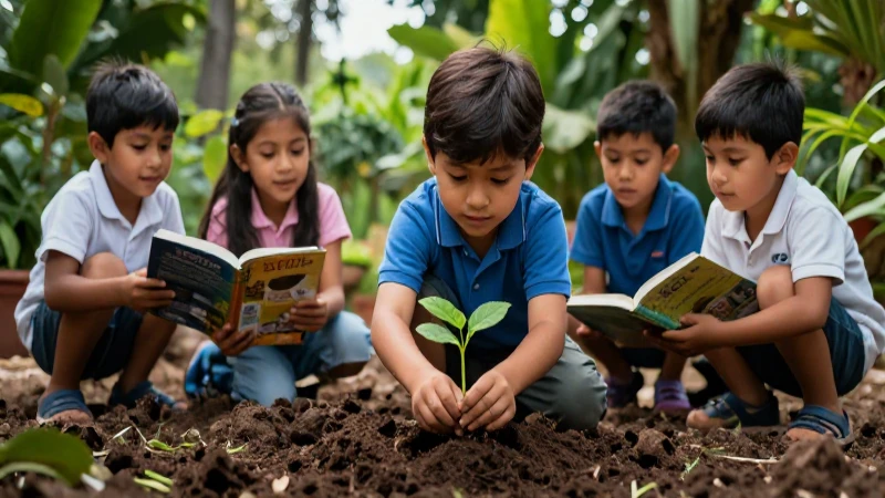 Niño mexicano planta semilla en jardín vibrante