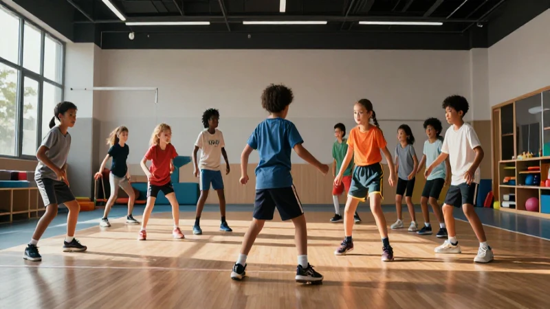 Niños diversos juegan juntos en gimnasio moderno