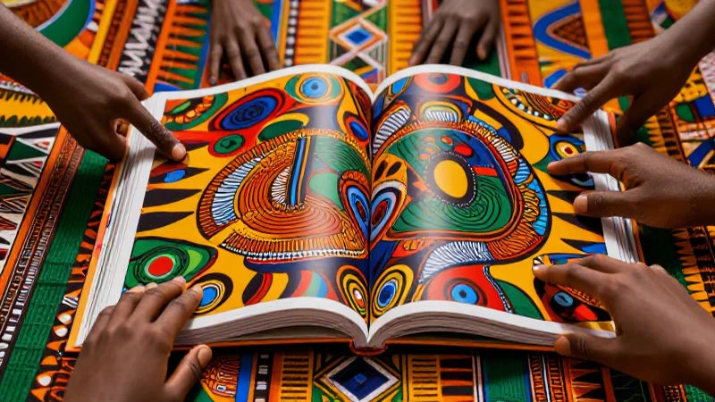 Explora la literatura africana en la SEP: abordaje sociocultural 4 Ilustración digital vibrante de libro con arte africano