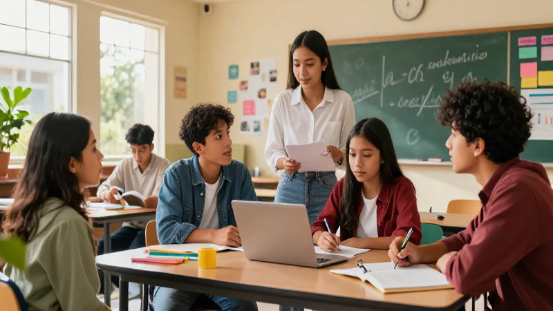 Estudiantes mexicanos colaboran en aula moderna y vibrante