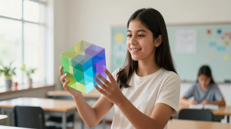 Estudiante mexicano, cubos geométricos, estudio vibrante y moderno
