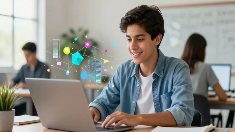 Estudiante mexicano entusiasta en entorno educativo moderno y vibrante
