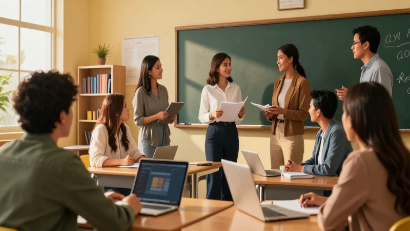 Docentes mexicanos colaborando en aula moderna