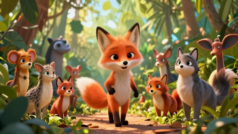 Zorro guía animales en vibrante ilustración educativa