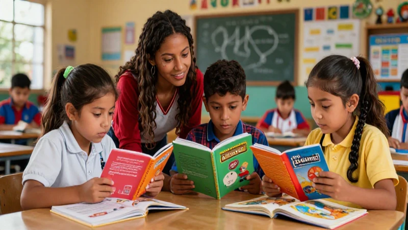 Niños en México aprendiendo con libros coloridos