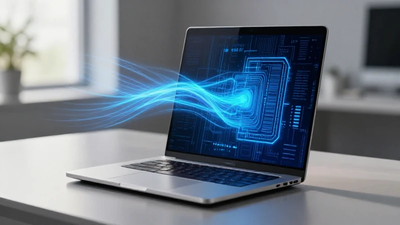 Laptop moderna con flujo azul etéreo en escritorio minimalista