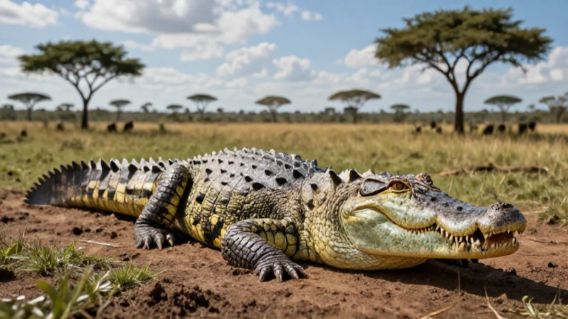 Crocodilo majestuoso emerge en la sabana con estilo
