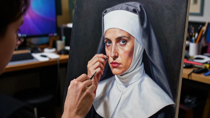 Monja hiperrealista en lienzo, detalle preciso