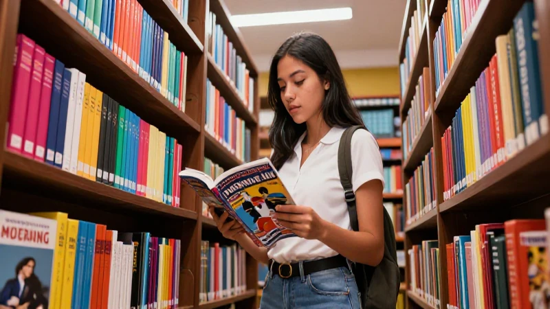 Joven latina atractiva en biblioteca moderna