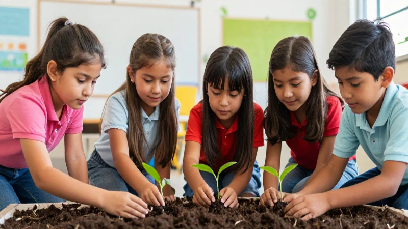 Estudiantes mexicanos plantan semillas en un ambiente educativo vibrante