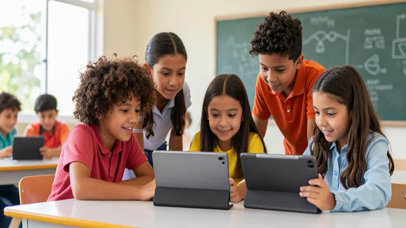 Niños colaborando en un aula moderna e iluminada