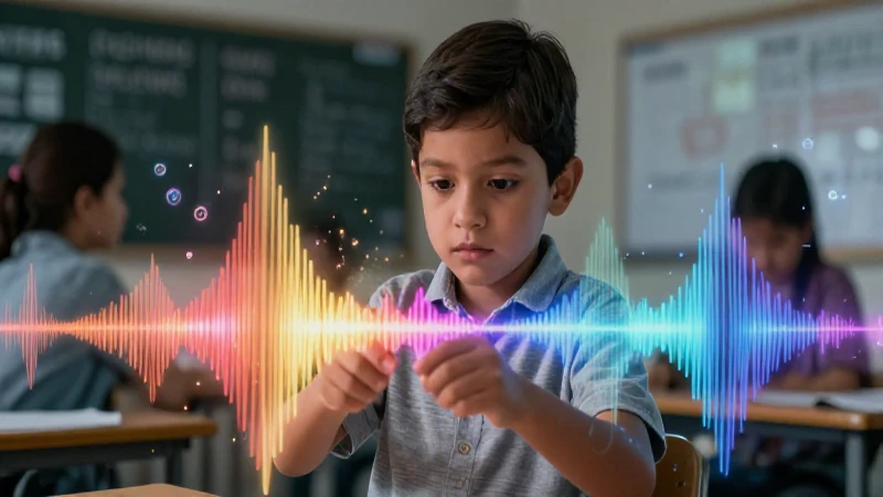Niño mexicano concentrado con ondas de sonido vibrantes