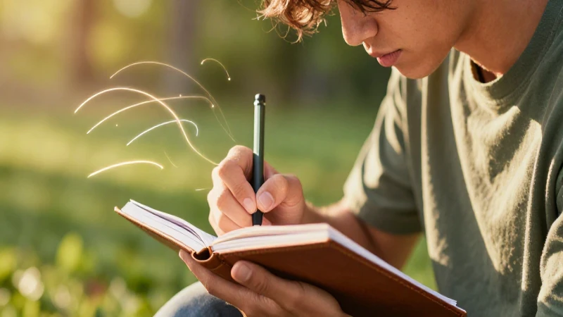 Estudiante creativo escribiendo con luz dorada