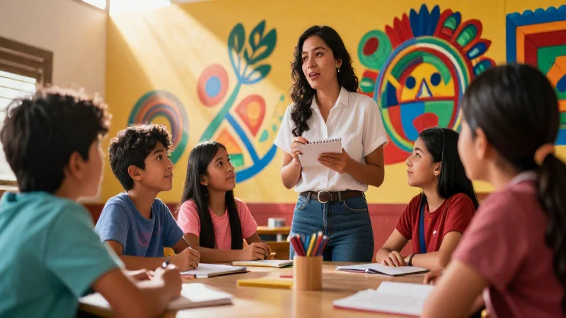 Garantizando calidad educativa: Nueva Escuela Mexicana y Reforma 4 Estudiantes mexicanos y maestra interactúan en un mural
