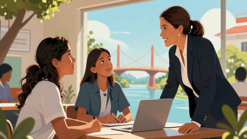 Estudiante mexicano colaborando con mentor en escuela moderna
