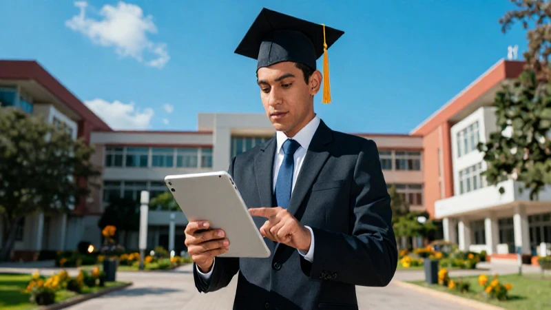Explora la innovadora escuela mexicana y sus prácticas profesionales 4 Joven graduado mexicano con tablet en campus