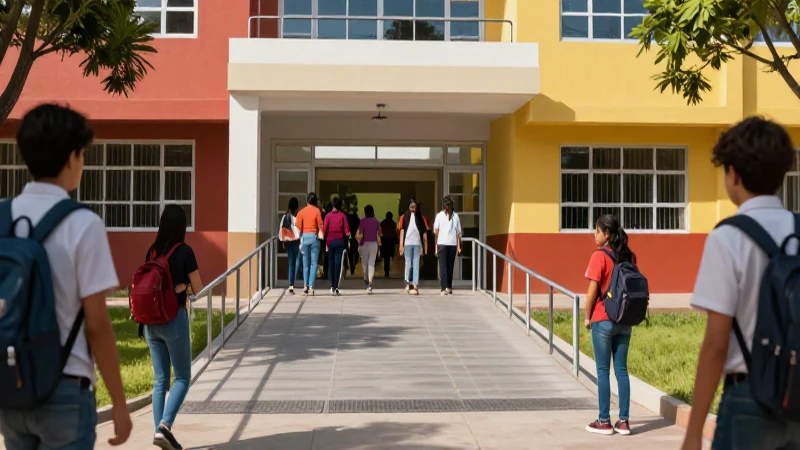 Estrategias efectivas y avances en infraestructuras escolares en México 4 Estudiantes vibrantes en moderna escuela mexicana