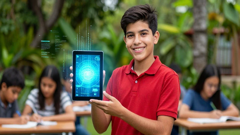 Estudiante mexicano sonríe con tablet digital al aire libre