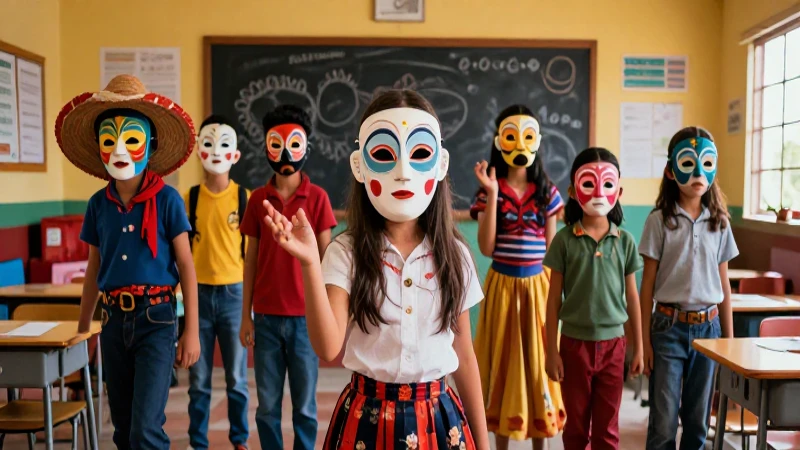 Nueva Escuela Mexicana: Innovando la enseñanza teatral 3 Clase vibrante en México con máscaras y estilo épico