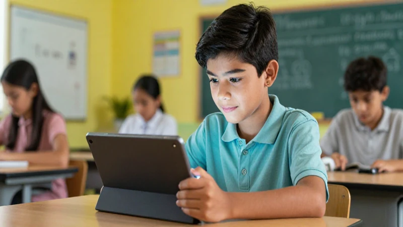 Joven mexicano usa tablet educativa moderna y vibrante