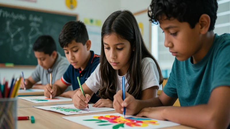 Mexican niños colaboran en arte escolar moderno y vibrante