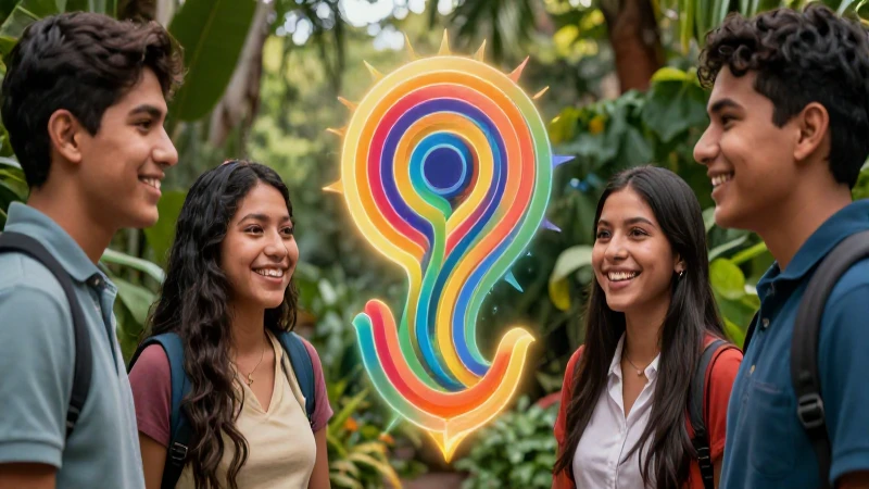 Evalúa el aprendizaje en educación sustentable y habilidades socioemocionales 3 Estudiantes mexicanos colaboran bajo un símbolo vibrante de crecimiento