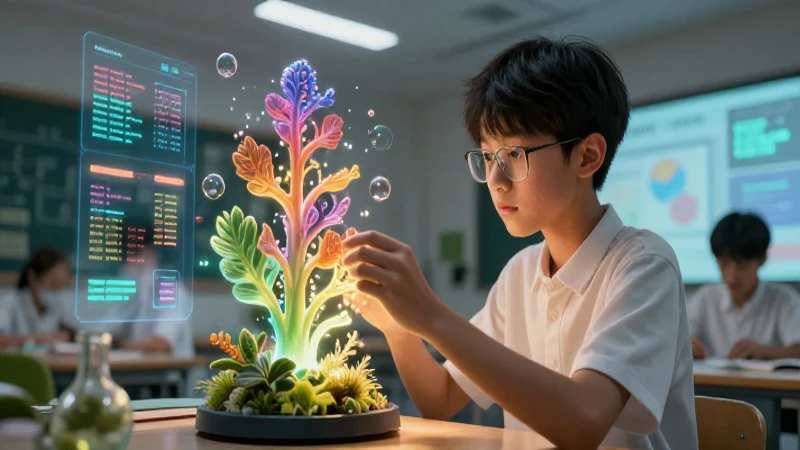 Joven examina estructura botánica luminosa y futurista