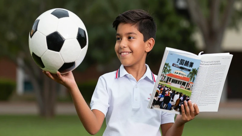Estudiante mexicano equilibrando libro y balón
